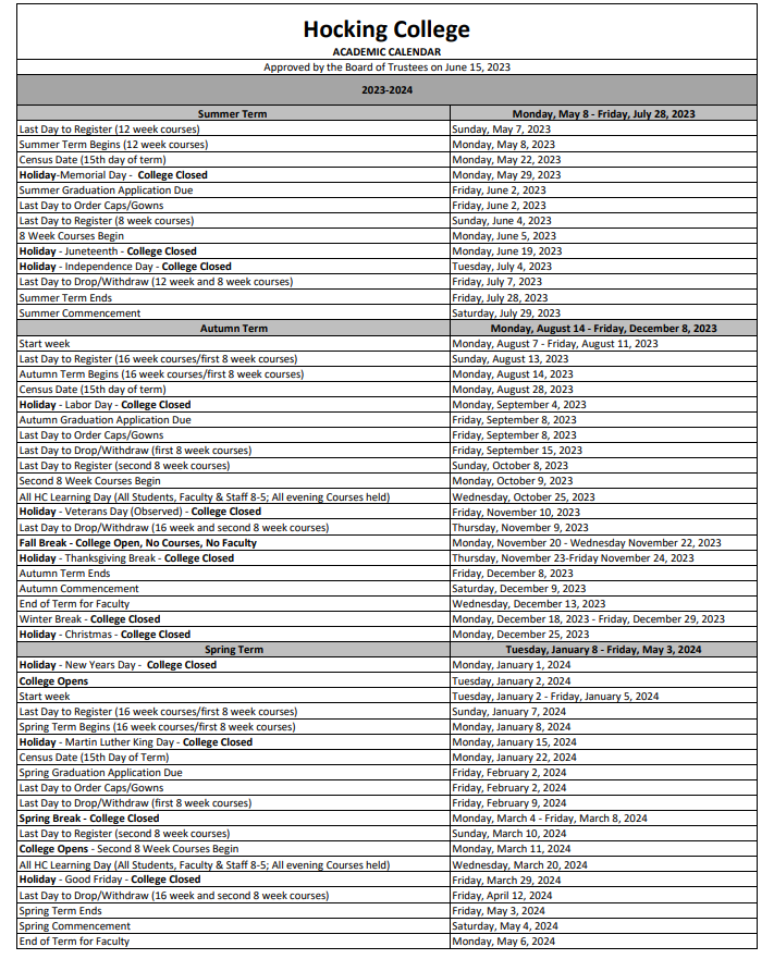Academic Calendar Hocking College Academic Calendar Hocking College